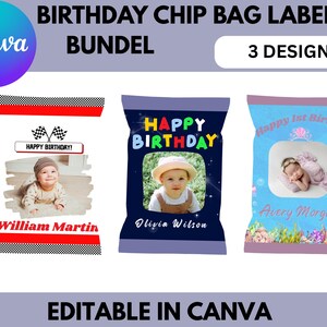 May include: A digital bundle of three birthday chip bag labels featuring customizable designs. The first has a racing theme, the second a dark blue starry theme, and the third a light blue mermaid theme. Each label includes space for a photo and text.