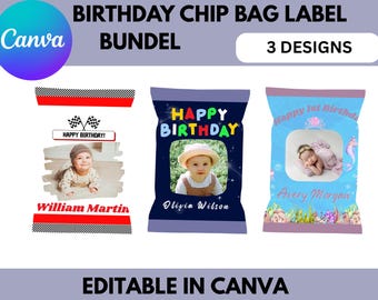 Paquete de 3 etiquetas para bolsas de papas fritas de cumpleaños, plantillas editables de Canva, recuerdos de fiesta personalizados, bolsas para refrigerios de cumpleaños, temas de autos de carreras, sirenas y espacio.