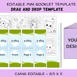 Puede incluir: Una plantilla de mini folleto editable con diseño de arrastrar y soltar en una hoja de 8.5 x 11 pulgadas. El diseño incluye secciones etiquetadas para páginas, frente y reverso, junto con ilustraciones en blanco y negro de un dinosaurio, cohete, unicornio, gato y elefante.