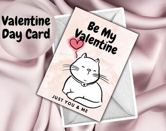 Tarjeta de San Valentín con un gato kawaii, tarjeta de amor imprimible (descarga PDF)