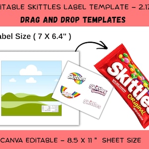 May include: An editable Skittles label template for a 2.17 oz package. The design features a landscape with green hills and clouds, a sheet of Skittles logos, and a 2.17 oz Skittles candy package. The template is sized for an 8.5 x 11 inch sheet.