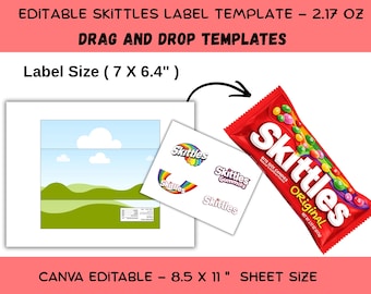 Plantilla editable de Canva para envoltorios de Skittles, plantilla de etiqueta para caramelos Skittles, envoltorio de caramelos Skittles en blanco, envoltorio personalizado de Skittles en Canva
