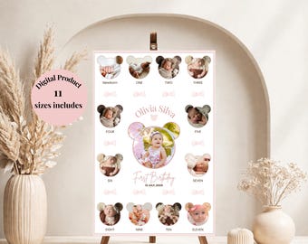 Póster de hitos del primer año del bebé, plantilla editable, cartel de cumpleaños imprimible, tablero de crecimiento del primer cumpleaños, cartel de collage de fotos del primer cumpleaños