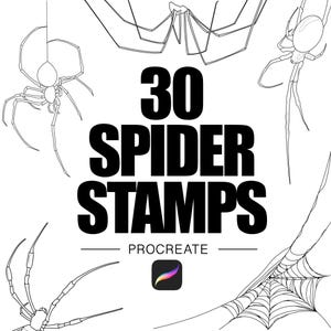 May include: Black and white illustration featuring 30 spider stamps for Procreate. The image showcases various spider designs, including webs and different spider poses. The text "30 SPIDER STAMPS" is prominently displayed.