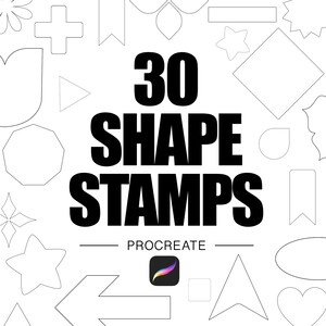 May include: White background with various outline shapes, including stars, diamonds, and arrows. Bold black text reads "30 SHAPE STAMPS" with "PROCREATE" below. A Procreate app icon is also present.