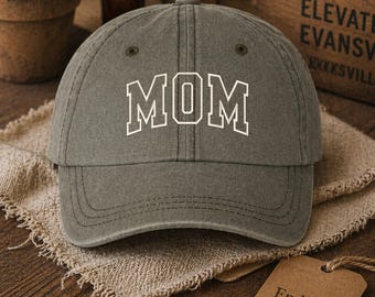 MOM Embroidered Dad Hat, Varsity Mama Cap, Minimalist Mom Gift, Custom Pigment Dyed Hat, Valucap SP500