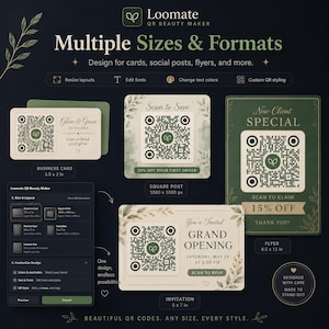 Pode incluir: Um conjunto de modelos de marketing digital chamado Loomate QR Beauty Maker com vários formatos, incluindo um cartão de visita, um post quadrado, um folheto e um convite, todos exibindo códigos QR personalizados com elementos botânicos.