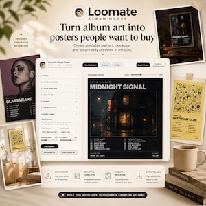 May include: A digital interface for Loomate Album Maker software displayed on a screen, featuring tools to create album art posters. The layout includes a live preview of a Midnight Signal poster, menu options for import, dimensions, and export settings.