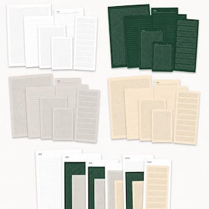 May include: A collection of printable stationery sheets in white, dark green, light gray, and cream. The set includes various grid, lined, and checklist layouts in multiple sizes labeled A4, A5, A6, Letter, and Legal, featuring a printer icon.