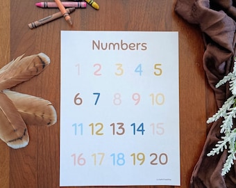 Puede incluir: Un póster educativo blanco con la palabra Numbers en la parte superior en letras marrones, seguido de los números del 1 al 20 dispuestos en cuatro filas. Cada dígito se muestra en un color pastel diferente, incluyendo rosa, azul, amarillo y marrón.