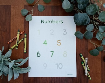 Puede incluir: Un póster educativo blanco con la palabra Numbers impresa en verde oscuro en la parte superior. Los números del uno al diez están dispuestos en tres filas, mostrados en varios tonos de verde y naranja. Varios crayones están esparcidos por el papel.