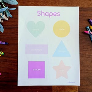 May include: A white educational poster titled Shapes featuring a light green heart, yellow circle, light purple rectangle, light blue triangle, bright purple square, and light pink star, surrounded by several colorful wax crayons.