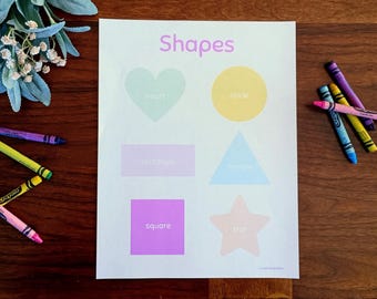 Puede incluir: Un póster educativo blanco titulado Shapes que muestra un corazón verde claro, un círculo amarillo, un rectángulo morado claro, un triángulo azul claro, un cuadrado morado brillante y una estrella rosa claro, rodeado de ceras de colores.