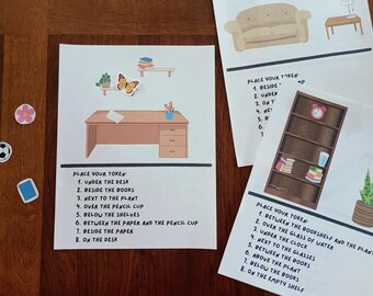 Puede incluir: Tres hojas de actividades educativas con ilustraciones de un escritorio, una estantería y una sala de estar. Cada hoja incluye una lista de instrucciones titulada PLACE YOUR TOKEN con ejercicios de razonamiento espacial con fichas.