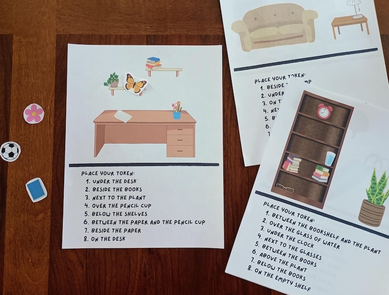 May include: Three educational activity sheets featuring illustrations of a desk, a bookshelf, and a living room. Each sheet includes a list of instructions titled PLACE YOUR TOKEN with numbered prompts for spatial reasoning exercises using small tokens.