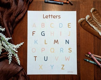 Puede incluir: Un póster educativo blanco que presenta la palabra Letters en la parte superior en texto marrón, seguido del alfabeto de la A a la Z en formato de cuadrícula. Cada letra está impresa en un color pastel diferente, incluyendo rosa, azul, amarillo y marrón.