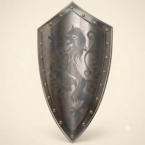 May include: A heater-style shield made of polished steel with a pointed base and a curved top. The surface features an etched lion rampant design in the centre. The perimeter is reinforced with a metal border secured by evenly spaced brass rivets.