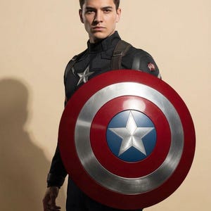May include: A costume featuring a black tactical suit with a silver star emblem on the chest and a circular shield with concentric red, silver, and blue rings, featuring a large silver star in the center, worn by a person with dark hair.