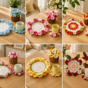 May include: A collection of six sets of handmade crochet items, each featuring a circular floral coaster, a matching small floral mug rug, and a decorative crochet flower arrangement in a brown textured pot, displayed in various color palettes.