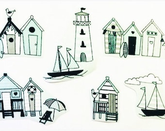 Set of iron on fabric motifs for crafting//sewing Nautical beach huts /& seaside