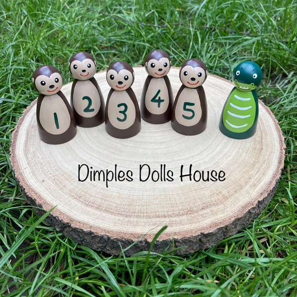 5 Little Monkeys Toys Peg Dolls Small World Toys Nursery Rhyme Early Years Resources EYFS Activity Set