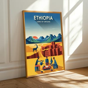 May include: A framed art print featuring a stylized landscape of Ethiopia. The artwork includes the text "ETHIOPIA LAND OF ORIGINS" at the top, with a mountain range, a setting sun, and figures gathered around a table. A goat stands on a cliff.
