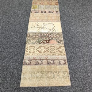 Handwoven Wool Patchwork Runner Rug, Vintage Oushak Anatolian Decor (2.0x6.4 Ft)
