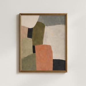 May include: Abstract art print in a gold frame. The artwork features a composition of geometric shapes in muted tones of olive green, peach, black, and beige. The painting has a textured, brushstroke appearance.