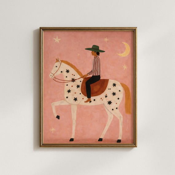 Boho Cowboy on Horse Art Print | Modern Western Art, Living Room Decor
