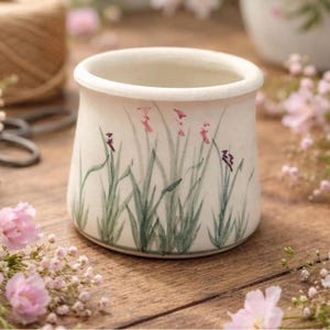 Può includere: Un piccolo vaso cilindrico in ceramica con una finitura liscia color bianco sporco. L'esterno è decorato con un motivo botanico dipinto a mano che presenta sottili fili d'erba verdi e delicati accenti floreali rosa attorno al vaso.