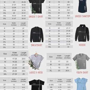 May include: A Gildan size chart featuring tables for unisex t-shirts, tank tops, sweatshirts, hoodies, ladies v-necks, youth shirts, toddler shirts, and baby onesies, with width and length measurements in inches for sizes S through 5XL.
