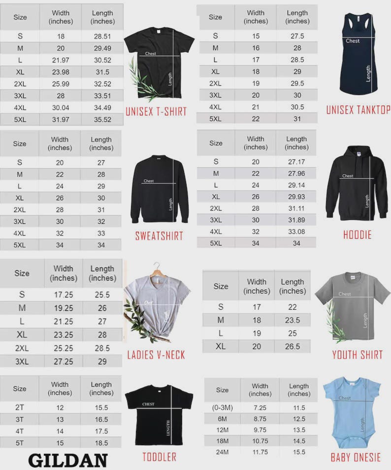 May include: A Gildan size chart featuring tables for unisex t-shirts, tank tops, sweatshirts, hoodies, ladies v-necks, youth shirts, toddler shirts, and baby onesies, with width and length measurements in inches for sizes S through 5XL.