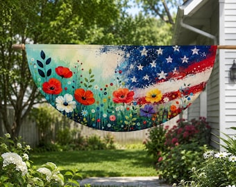 Patriotic Semicircle Garden Flag, Floral American Flag Banner, 4th of July Porch Decor, Americana Fence Flag