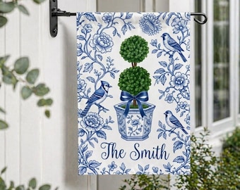 Personalized Topiary Garden Flag Mothers Day Gift Custom Family Name Flag Blue Chinoiserie Pot Preppy Porch Decor Cute Spring Yard Flag