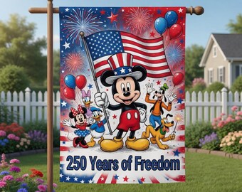 250 Years of Freedom Mickey Mouse Garden Flag, Patriotic Disney 4th of July Yard Banner, America 250th Anniversary Outdoor Decor