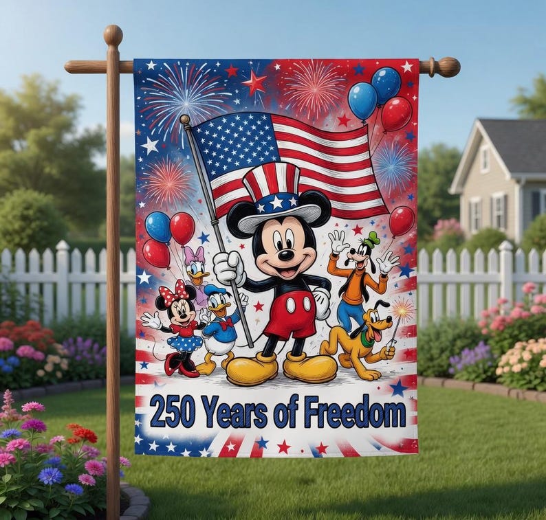 K&ouml;nnte beinhalten: Eine Gartenflagge mit Mickey Mouse und seinen Freunden, die mit einer amerikanischen Flagge feiern. Das Design umfasst Feuerwerk, Luftballons und den Text "250 Years of Freedom". Die Flagge hat ein rot-wei&szlig;-blaues Farbschema.