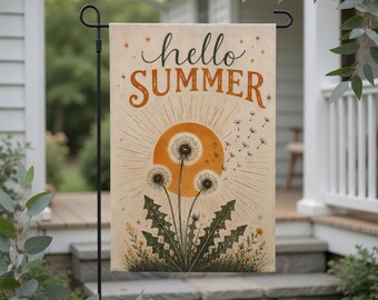 Hello Summer Garden Flag, Dandelion Summer Decor, Floral Yard Flag, Farmhouse Porch Banner, Outdoor Garden Decor