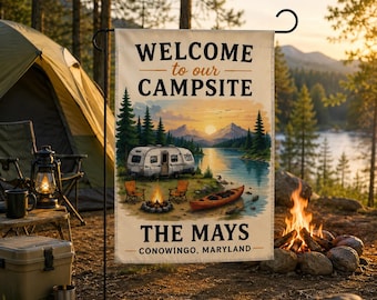 Welcome to Our Campsite Personalized Garden Flag, Custom Family Name Banner, Outdoor Camping Decor