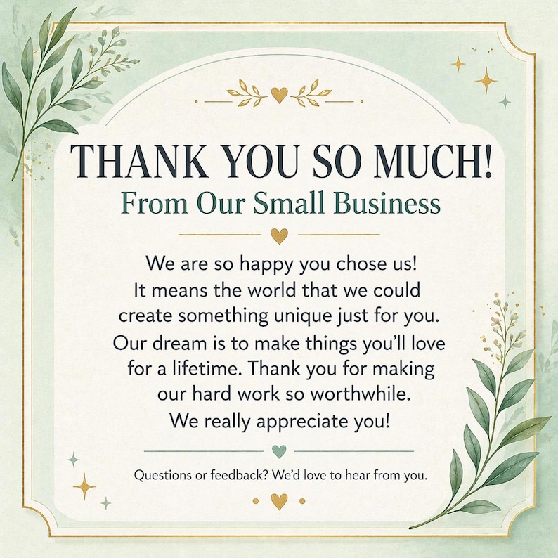 K&ouml;nnte beinhalten: Eine Dankeskarte mit hellgr&uuml;nem und wei&szlig;em Hintergrund, mit dem Text "THANK YOU SO MUCH! From Our Small Business." Die Karte enth&auml;lt eine Dankesbotschaft und dekorative florale Elemente.