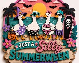Summerween Goose Wooden Sign, Funny Goose Halloween Beach Decor, Cute Tropical Goose Door Hanger, Layered Wood Sign Gift