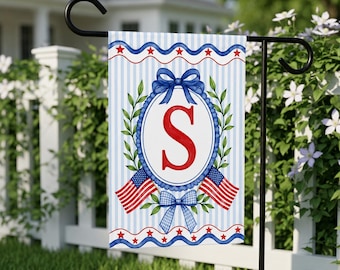 Personalized Patriotic  Monogram Garden Flag, Custom Initial Flag, Preppy USA Flag Decor, 4th of July Yard Flag,  Summer Garden Decor