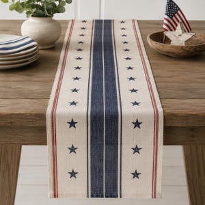 May include: A rectangular table runner featuring a central navy blue stripe flanked by thinner white and red stripes on a beige background. The runner is decorated with a repeating pattern of navy blue stars along both sides of the central stripe.