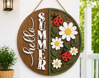 Personalized Summer Wooden Door Hanger, Daisy Ladybug Welcome Sign, Custom Family Name Sign, Front Porch Decor Gift