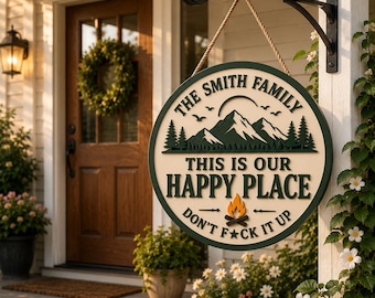 Personalized Family Welcome Wooden Sign, This Is Our Happy Place Sign, Custom Family Name Door Hanger, Housewarming Gift