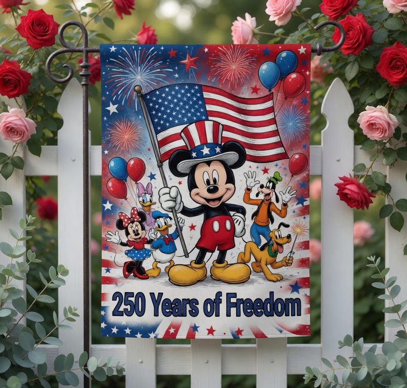 K&ouml;nnte beinhalten: Eine dekorative Gartenflagge mit Mickey Mouse, die eine amerikanische Flagge h&auml;lt, mit Feuerwerk und Luftballons im Hintergrund. Weitere Disney-Figuren sind ebenfalls abgebildet. Die Flagge tr&auml;gt die Aufschrift "250 Years of Freedom".