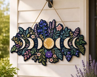 Moon Phase Floral Wall Art, Celestial Moon Decor, Witchy Botanical Sign, Boho Lunar Wall Hanging, Mystical Home Decor