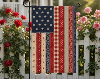 Vintage Americana Patchwork Garden Flag, Patriotic USA Flag, Fourth of July Decor, Farmhouse Yard Flag, Rustic Outdoor Decor