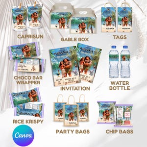 May include: A collection of Moana-themed party supplies including juice pouches, gable boxes, gift tags, chocolate bar wrappers, invitations, water bottle labels, rice crispy treat wrappers, party bags, and chip bags featuring Moana and Maui.
