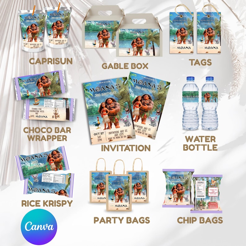 May include: A collection of Moana-themed party supplies including juice pouches, gable boxes, gift tags, chocolate bar wrappers, invitations, water bottle labels, rice crispy treat wrappers, party bags, and chip bags featuring Moana and Maui.