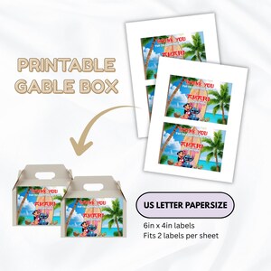 May include: Printable gable box with a tropical theme. The box features a design with Stitch and Lilo, a surfboard, and palm trees. The image also shows US Letter size labels, 15cm x 10cm, with two labels per sheet.